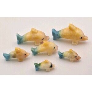 6 Carved Stone Dolphins Family Multicolored Multiple Sizes
